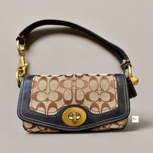 Coach Tan Signature Canvas Black Leather Turnlock Shoulder Bag 10335